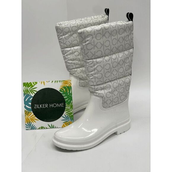 Calvin Klein Women's Suli Tall Logo Nylon Lug Sole Rain Boots - White 5M - Picture 1 of 7